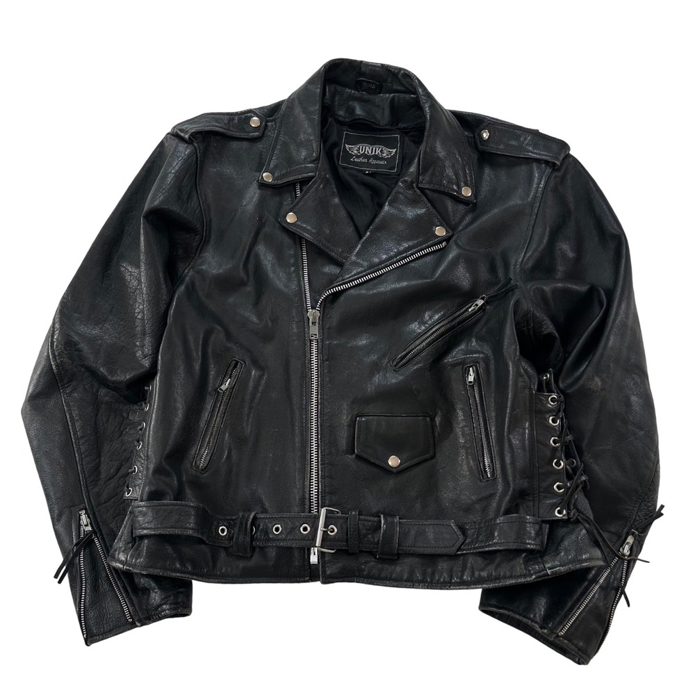 UNIK Leather Apparel Mens Black Classic Motorcycle Biker Jacket Size 50